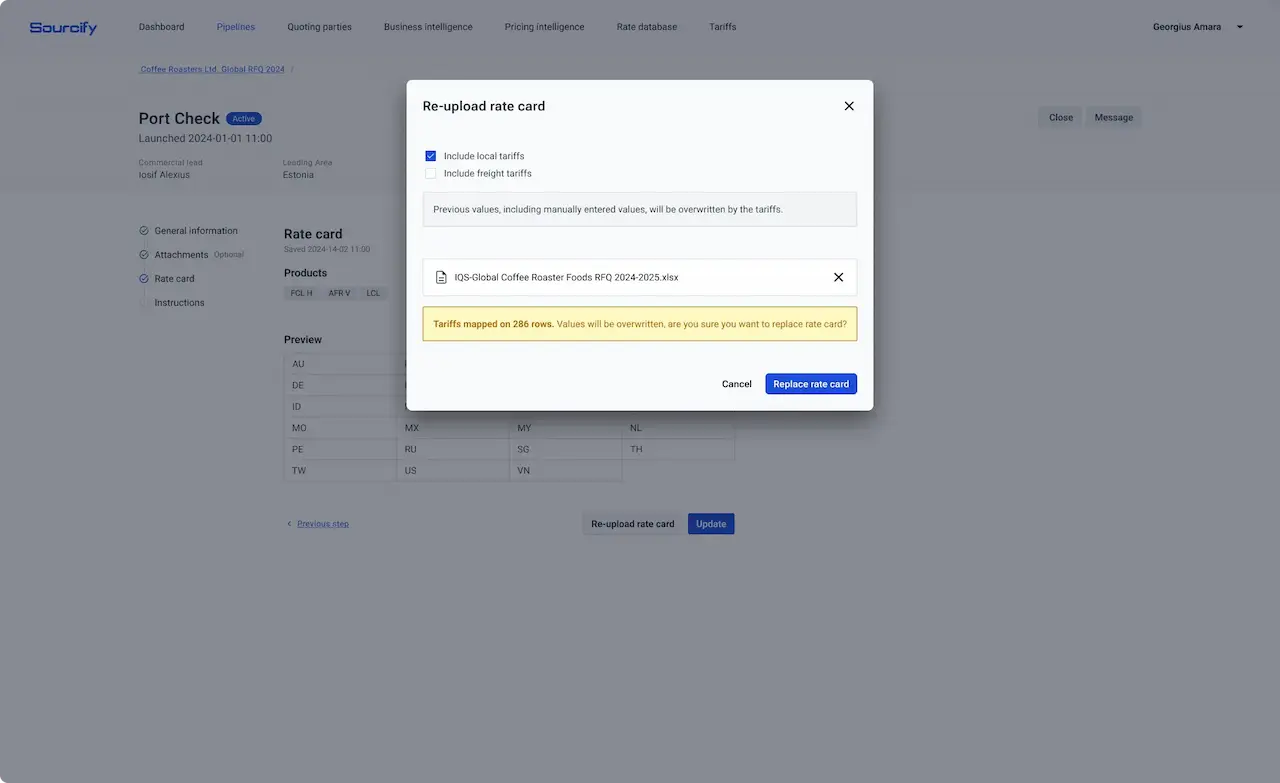 Screenshot showing how tariffs are applied in a freight procurement pricing process.